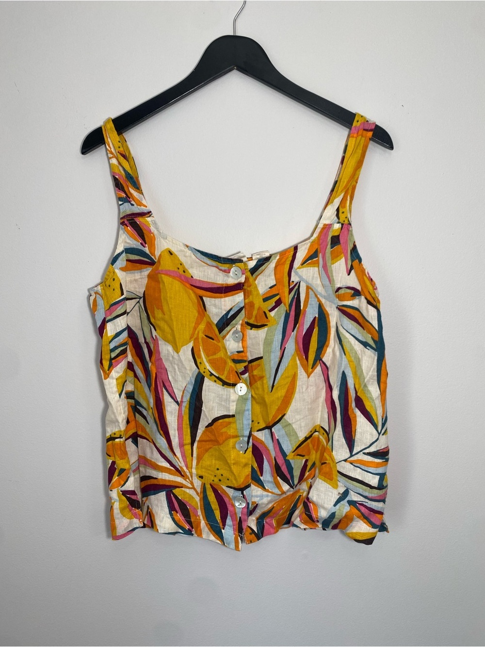 C&C California Linen Multicolour Leaf-Print Button Tank Top Large